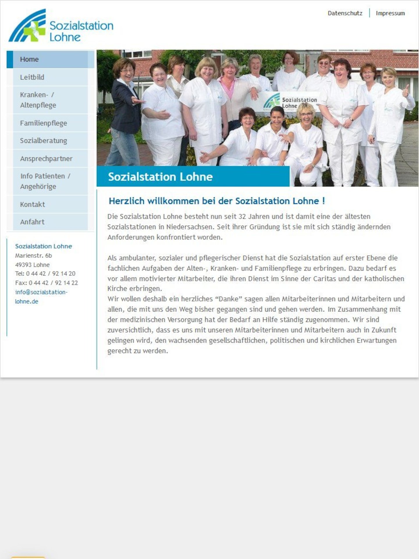 Tablet Screenshot der Website von: Sozialstation Lohne