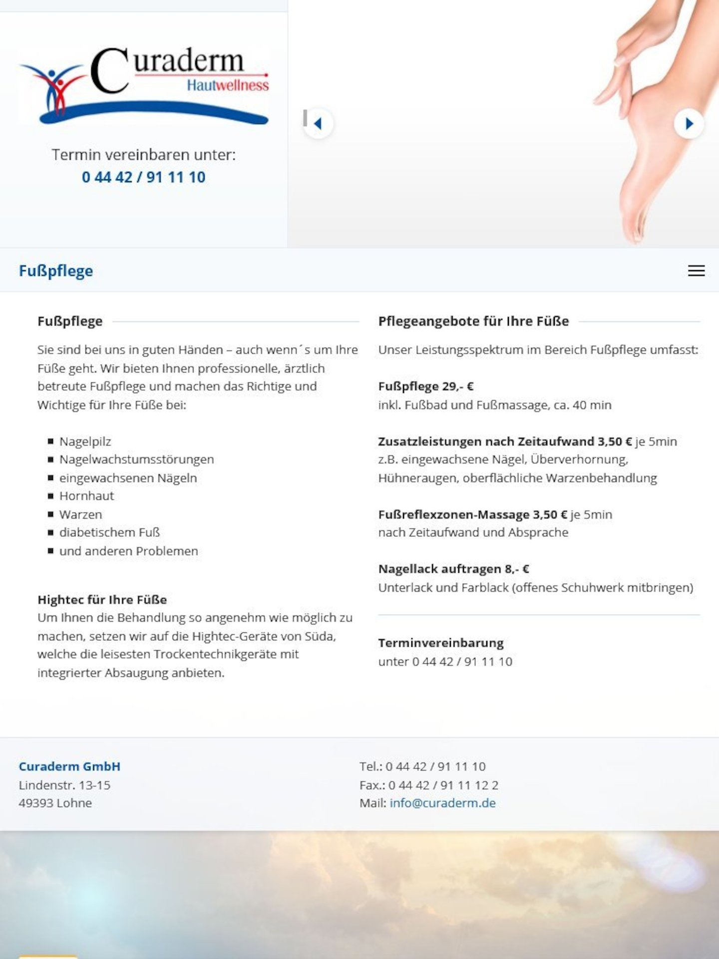Tablet Screenshot der Website von: Curaderm
