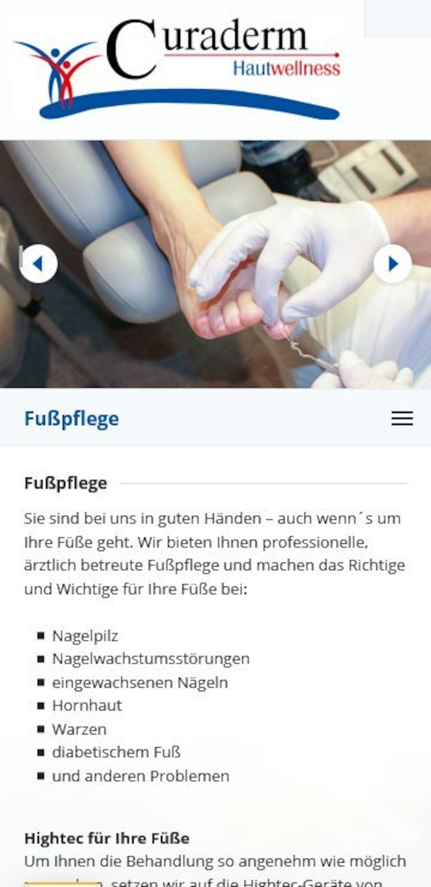 Smartphone Screenshot der Website von: Curaderm