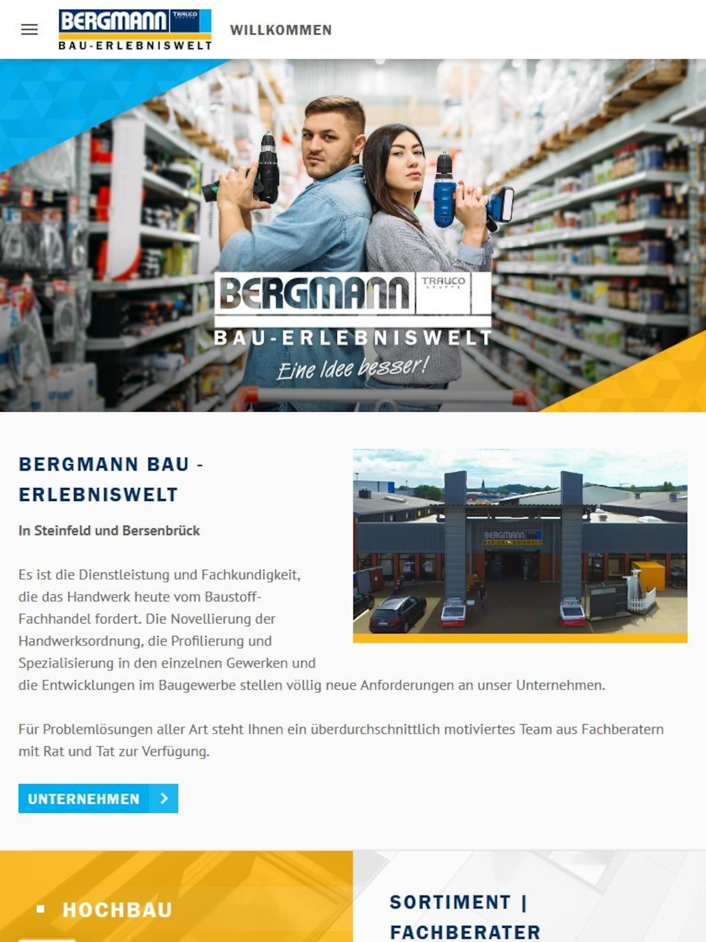 Tablet Screenshot der Website von: Bergmann Bau-Erlebniswelt