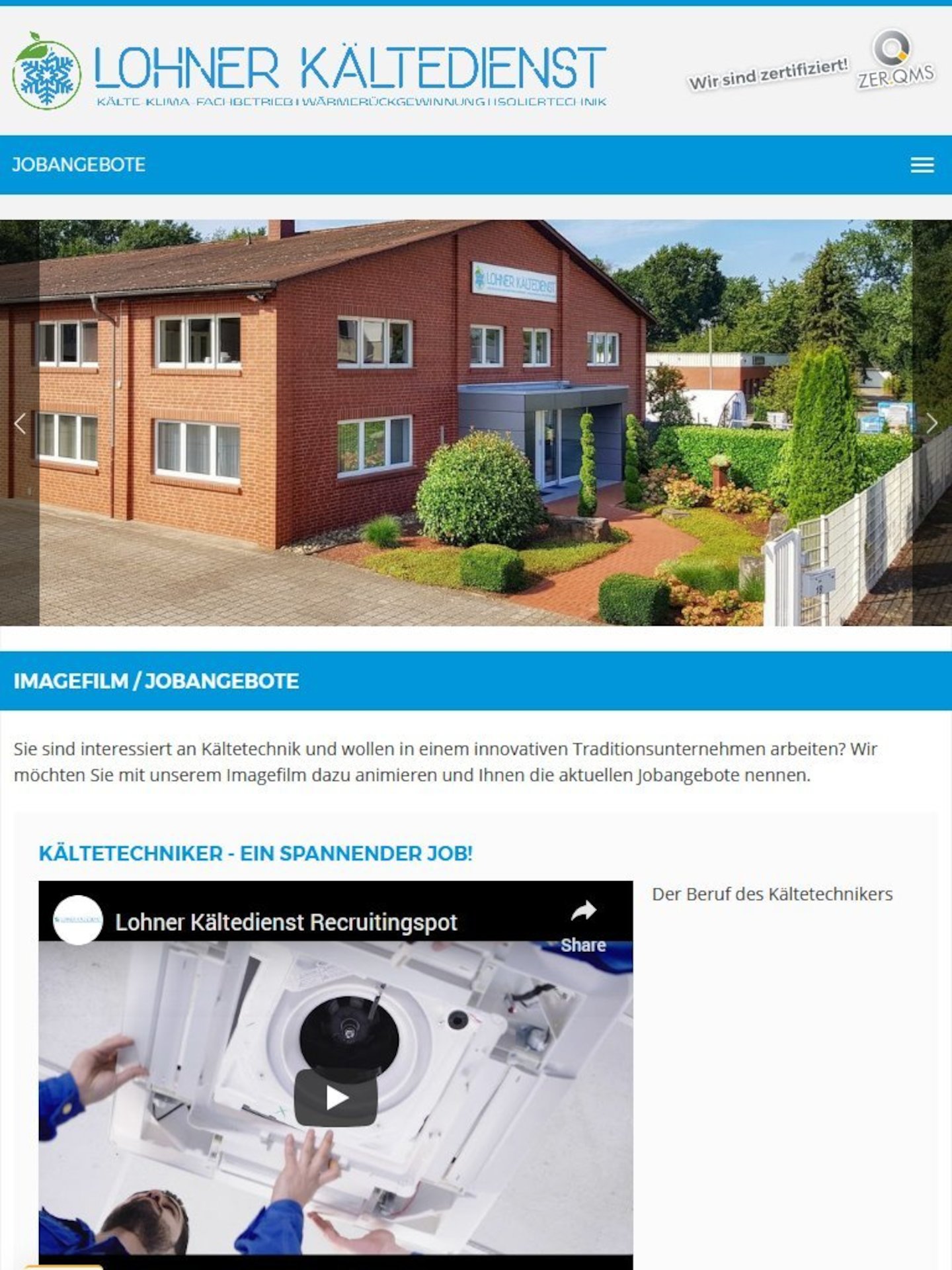 Tablet Screenshot der Website von: Lohner Kältedienst